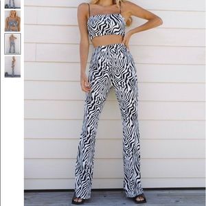 Zebra matching set flared pants crop bandeau NWOT